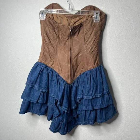 Vintage Danna Strapless Leather and Denim Drop Waist Ruffle Tiered Mini Dress - Picture 3 of 7
